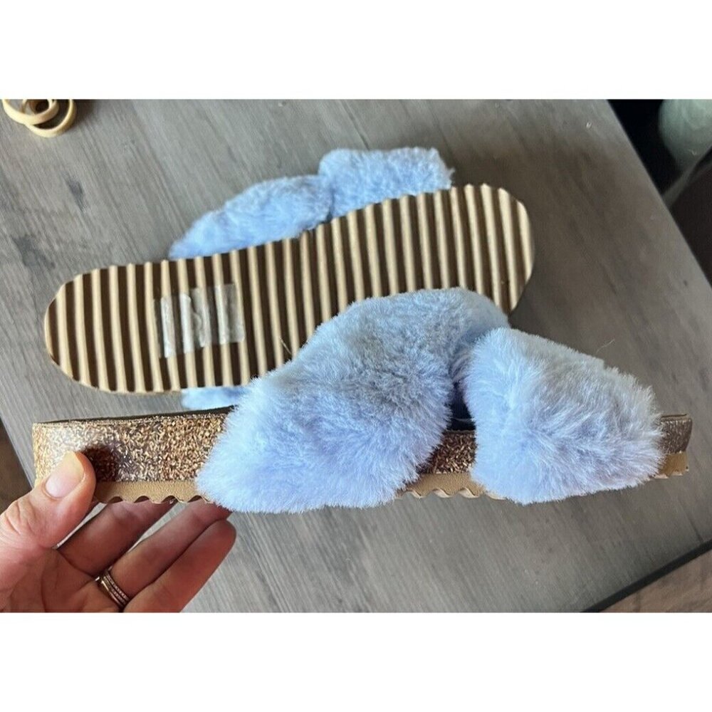 Vince Camuto Cozy Fuzzy Fur Cross Band Slide Sandals - Mayberla Size 8.5 M Blue - Picture 3 of 7